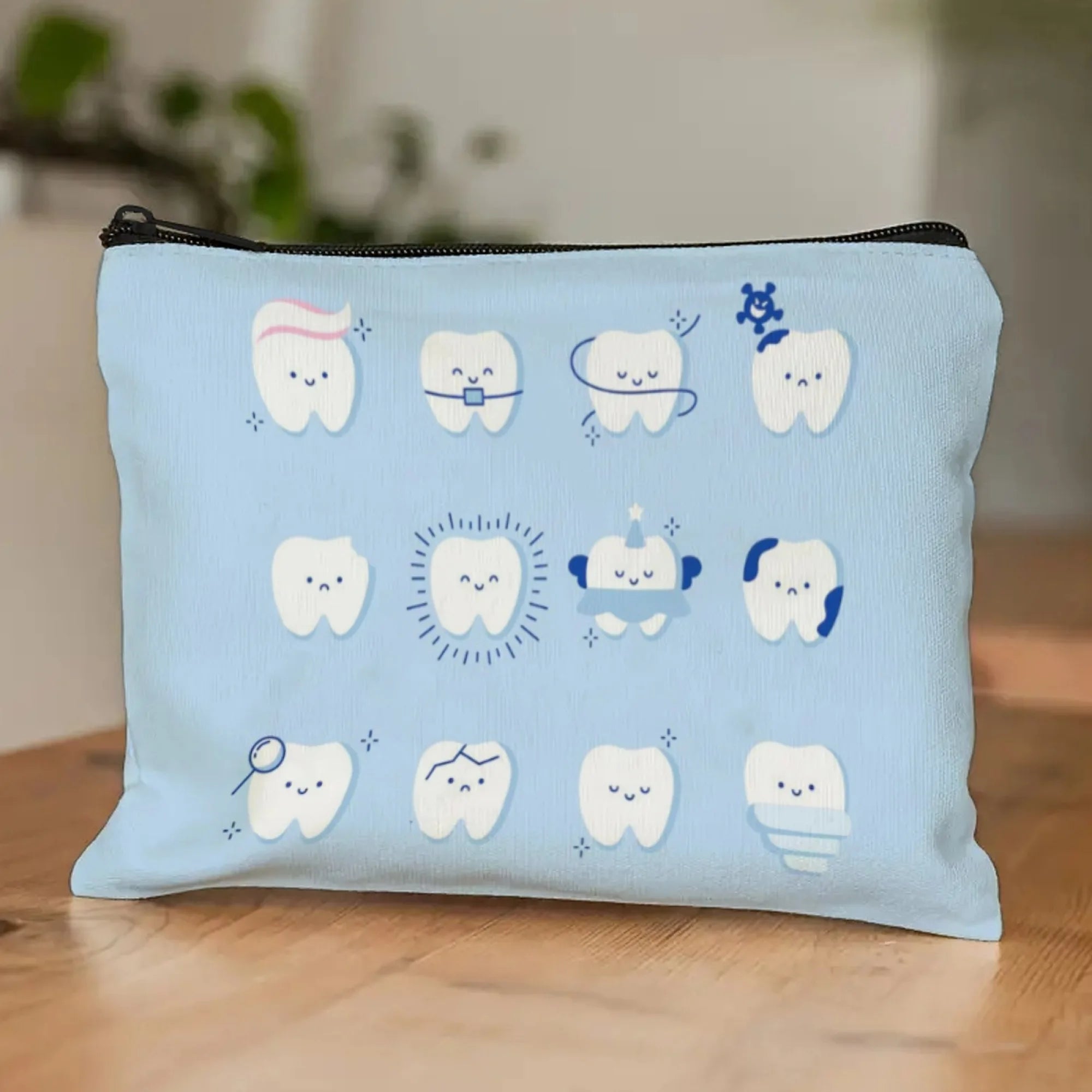 Sparkling Tooth Tale Cosmetic Pouch Dental-Themed Cartoon Teeth with Glitter & Fairy Wings Zippered Makeup Bag for Daily Use