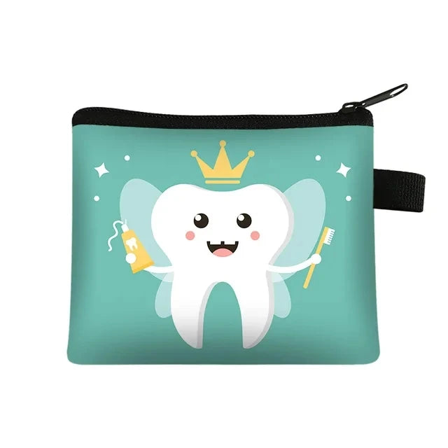 Cartoon Teeth Print Wallet Women Coin Purse Tooth Fairy Small Clutch Bag Candy Money Coin Bags Dental Clinic Mini Purses Gift