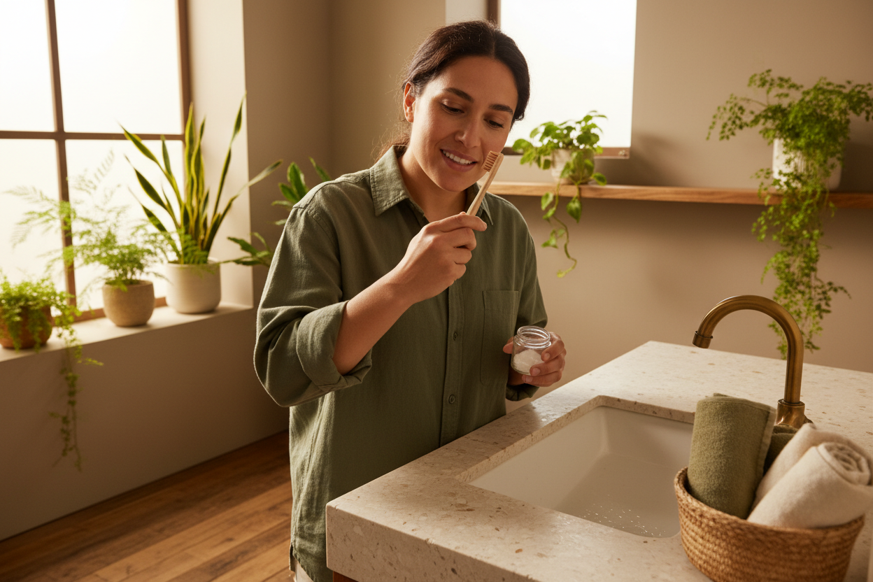 Person brushing teeth with bamboo toothbrush